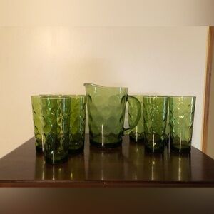 9 Hazel Atlas Eldorado Green Rainbow Dots Tumblers and Pitcher 1968